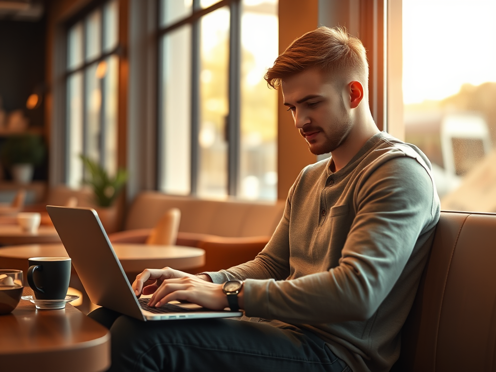 Guy with laptop at coffee shop.